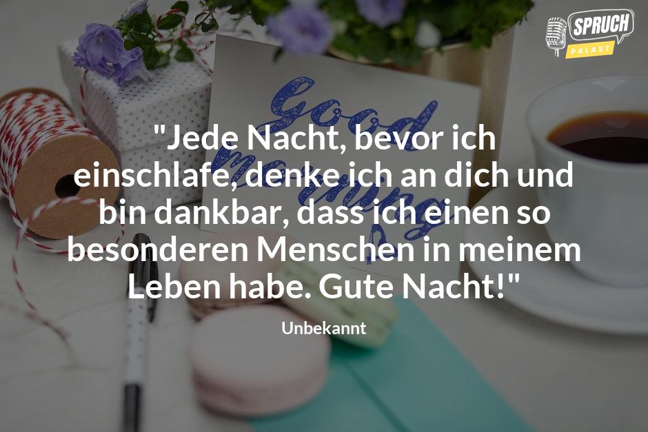 Bild mit dem Spruch"Jede Nacht, bevor ich einschlafe, denke ich an dich und bin dankbar, dass ich einen so besonderen Menschen in meinem Leben habe. Gute Nacht!"